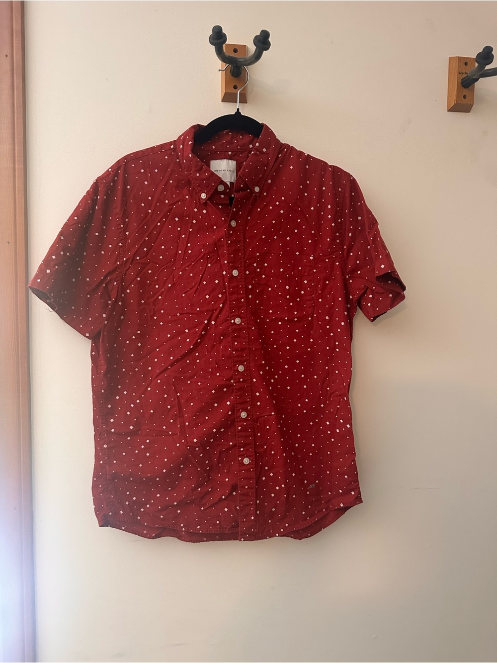 American Eagle Outfitters Short-Sleeve Button-Down in Red with White Dot Print